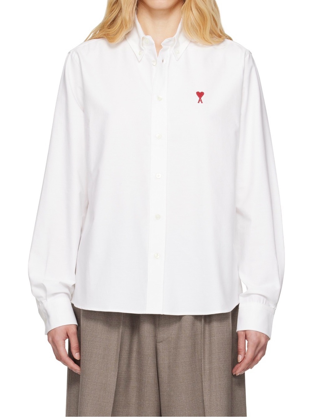 Ami White Button-Up Shirt with Red Heart Patch